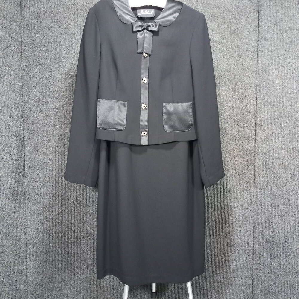 1960's Black Rayon & Satin Detail Suit by Jolibel